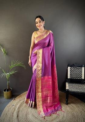 Purple Printed Organza Saree Set