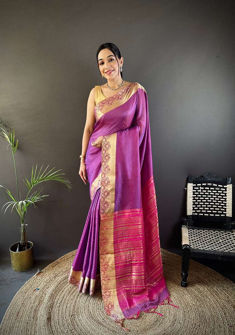 Purple Printed Organza Saree Set for Diwali and Festive Wear - Indya