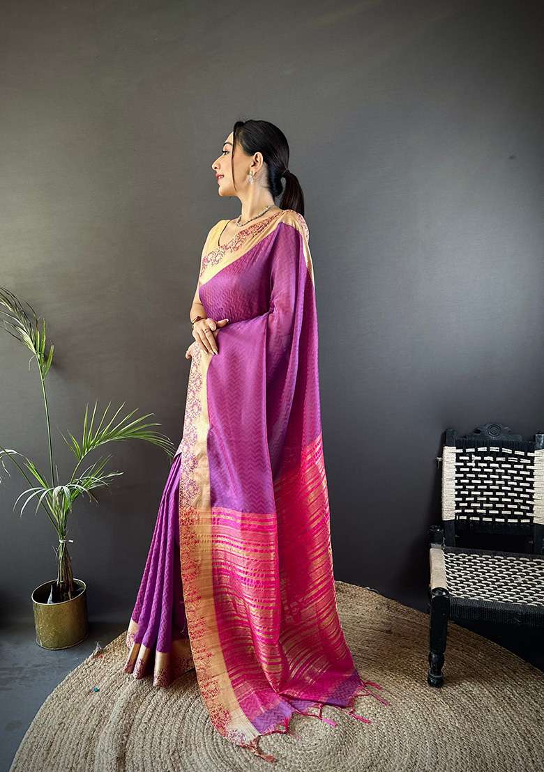 Purple Printed Organza Saree Set for Diwali and Festive Wear - Indya