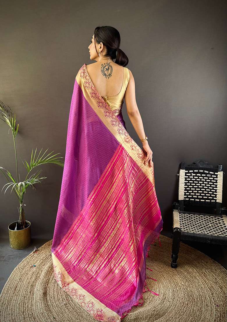 Purple Printed Organza Saree Set for Diwali and Festive Wear - Indya