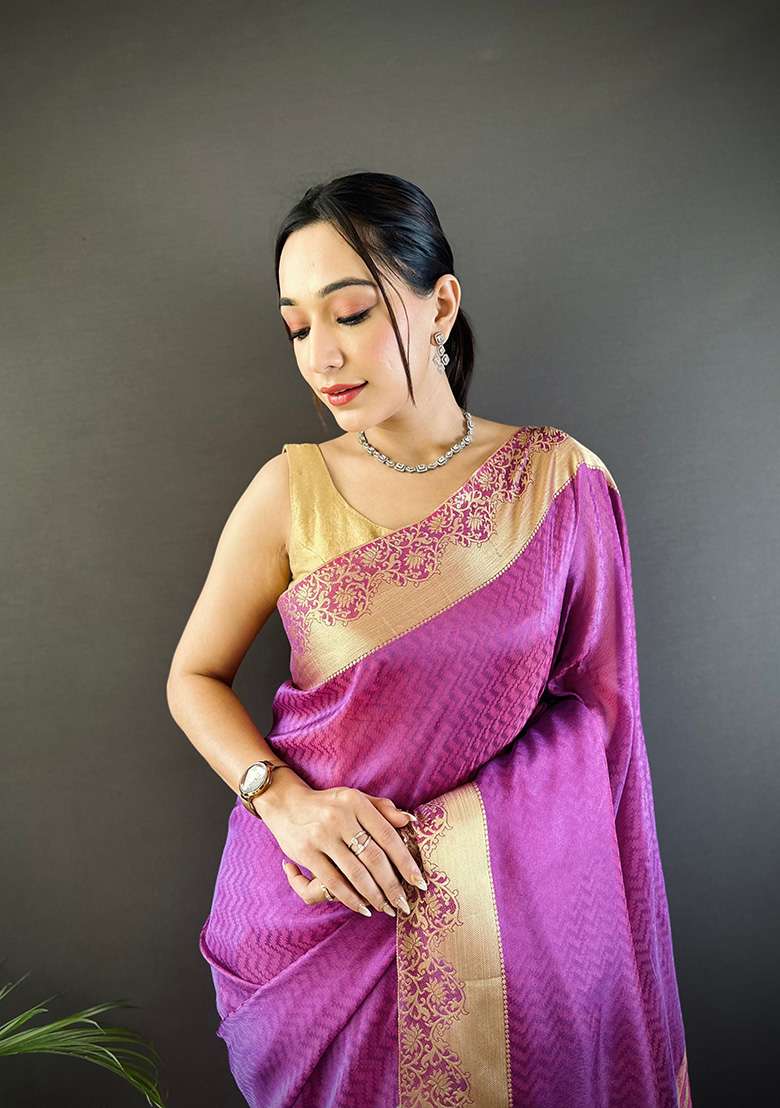 Purple Printed Organza Saree Set for Diwali and Festive Wear - Indya