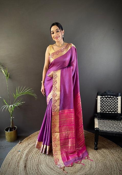 Purple Printed Organza Saree Set