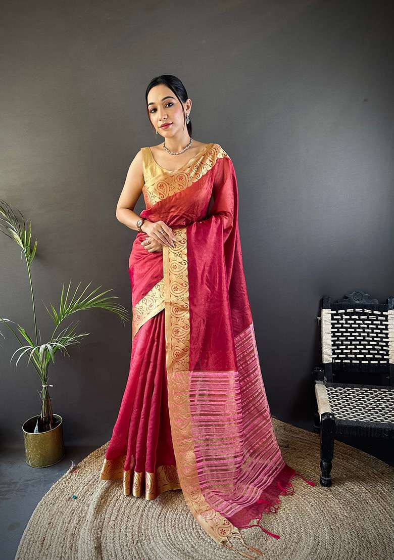 Red Organza Saree Set with Printed for Diwali | Wedding & Festive Wear - Indya