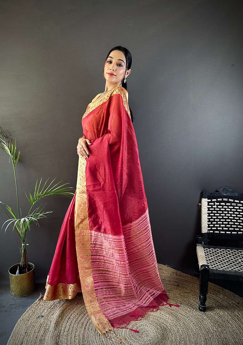 Red Organza Saree Set with Printed for Diwali | Wedding & Festive Wear - Indya