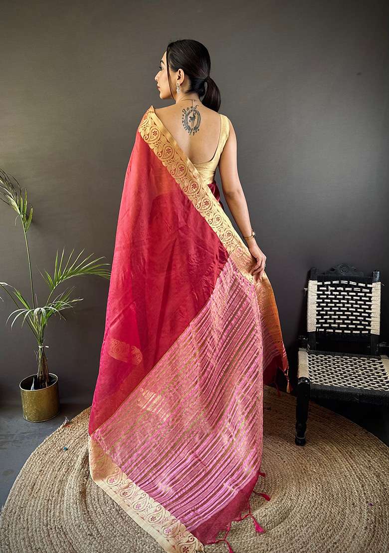 Red Organza Saree Set with Printed for Diwali | Wedding & Festive Wear - Indya