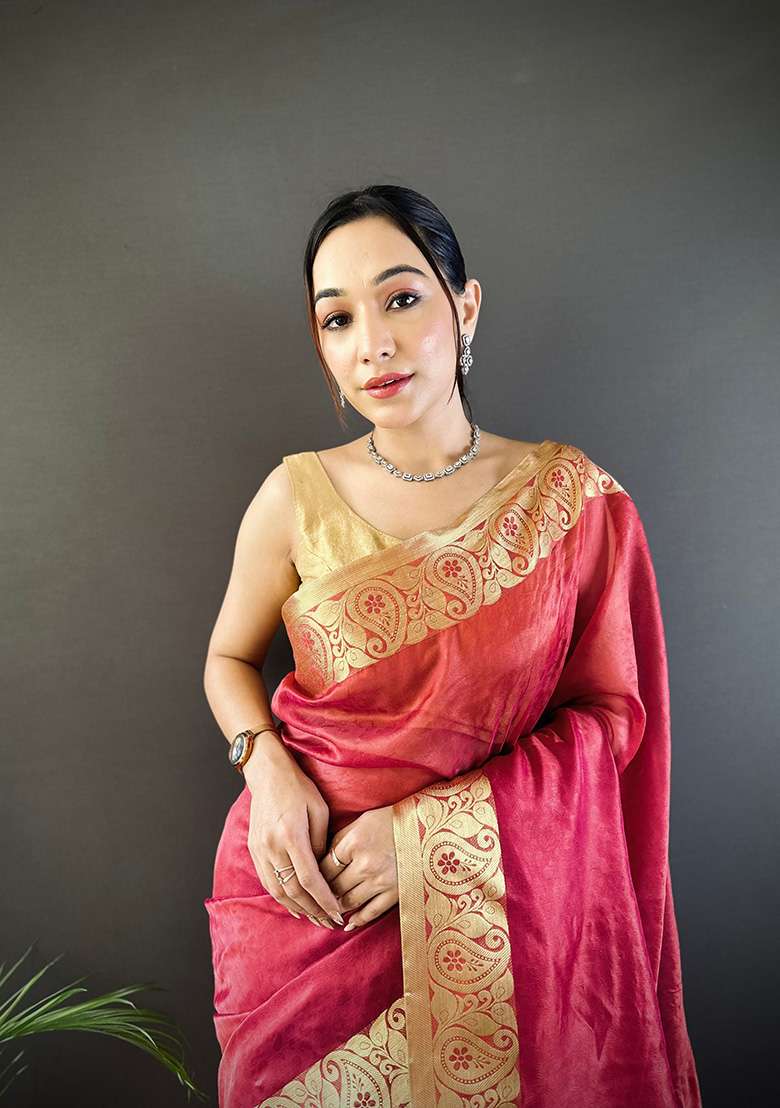 Red Organza Saree Set with Printed for Diwali | Wedding & Festive Wear - Indya