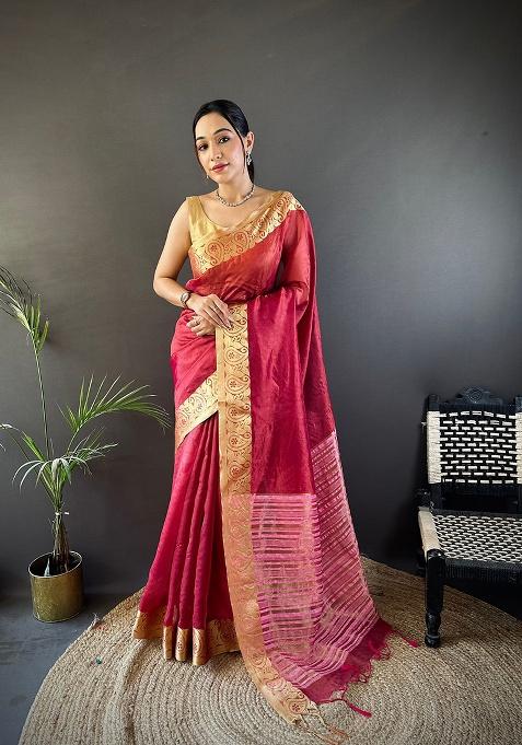 Red Printed Organza Saree Set