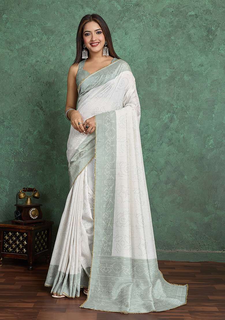 White Blend Saree Set with Printed for Diwali | Wedding & Festive Wear - Indya