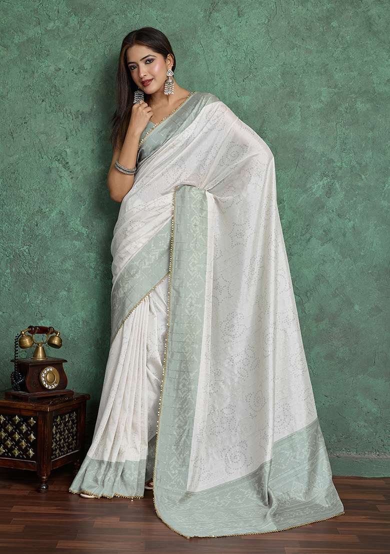 White Blend Saree Set with Printed for Diwali | Wedding & Festive Wear - Indya