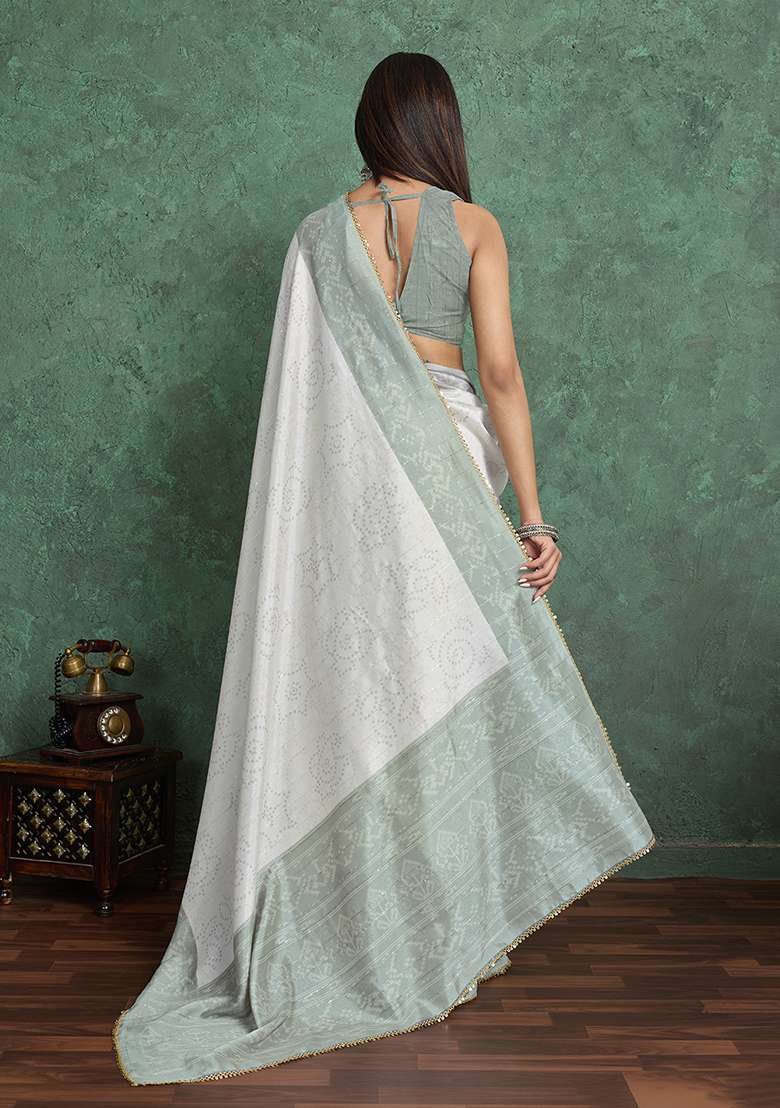 White Blend Saree Set with Printed for Diwali | Wedding & Festive Wear - Indya