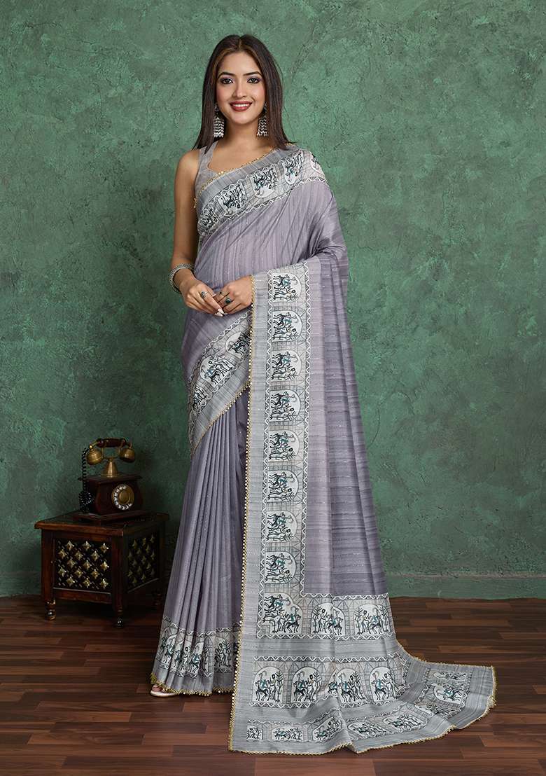 Grey Blend Saree Set with Printed for Diwali | Wedding & Festive Wear - Indya