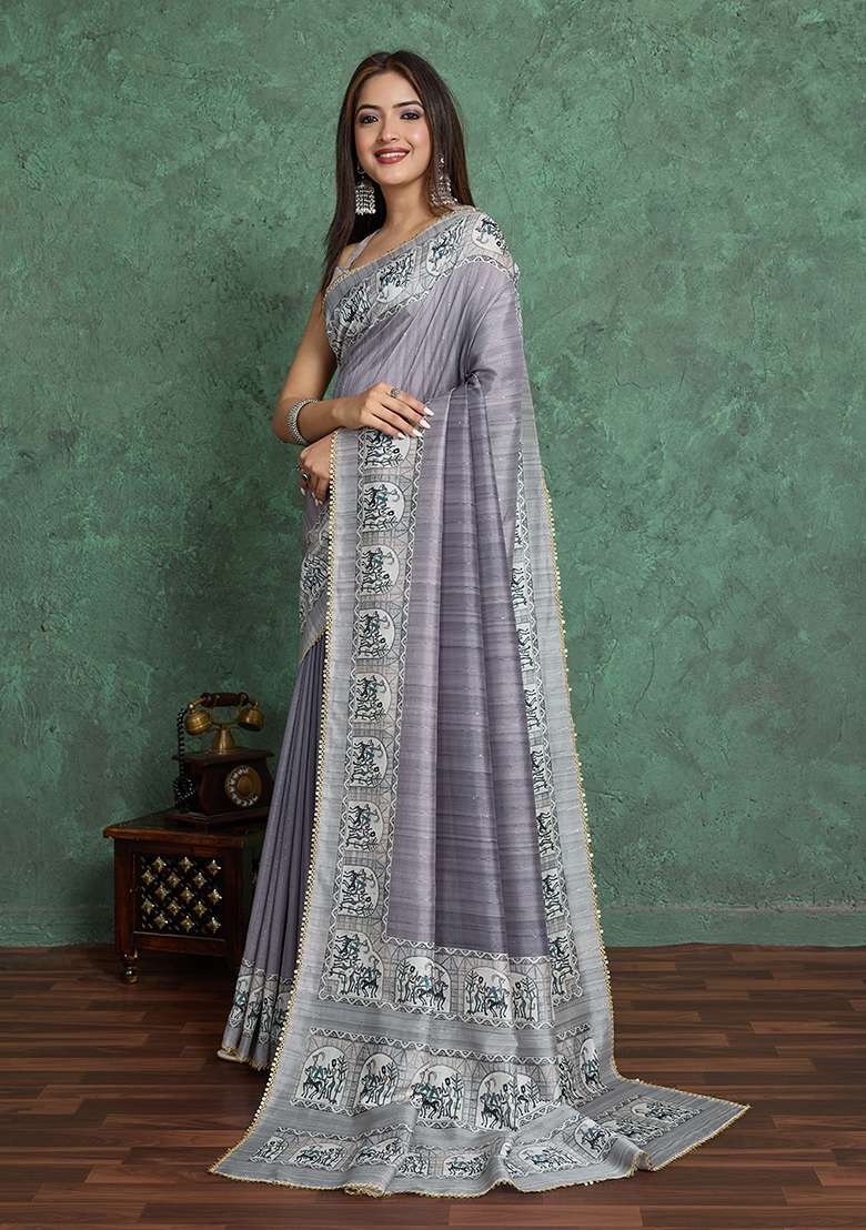 Grey Blend Saree Set with Printed for Diwali | Wedding & Festive Wear - Indya