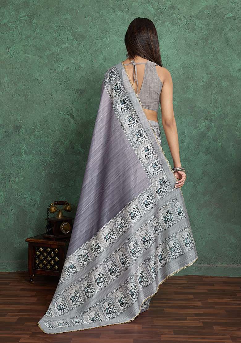 Grey Blend Saree Set with Printed for Diwali | Wedding & Festive Wear - Indya