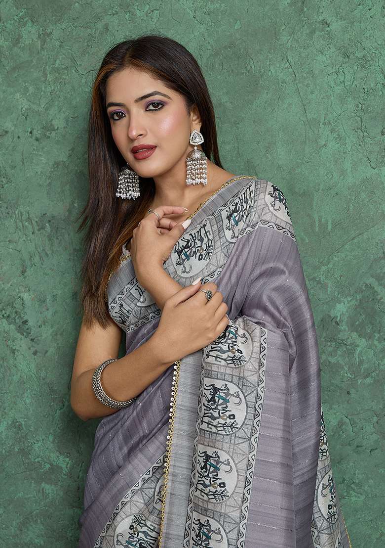Grey Blend Saree Set with Printed for Diwali | Wedding & Festive Wear - Indya