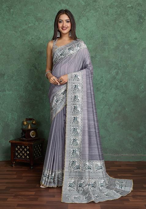 Grey Printed Blend Saree Set