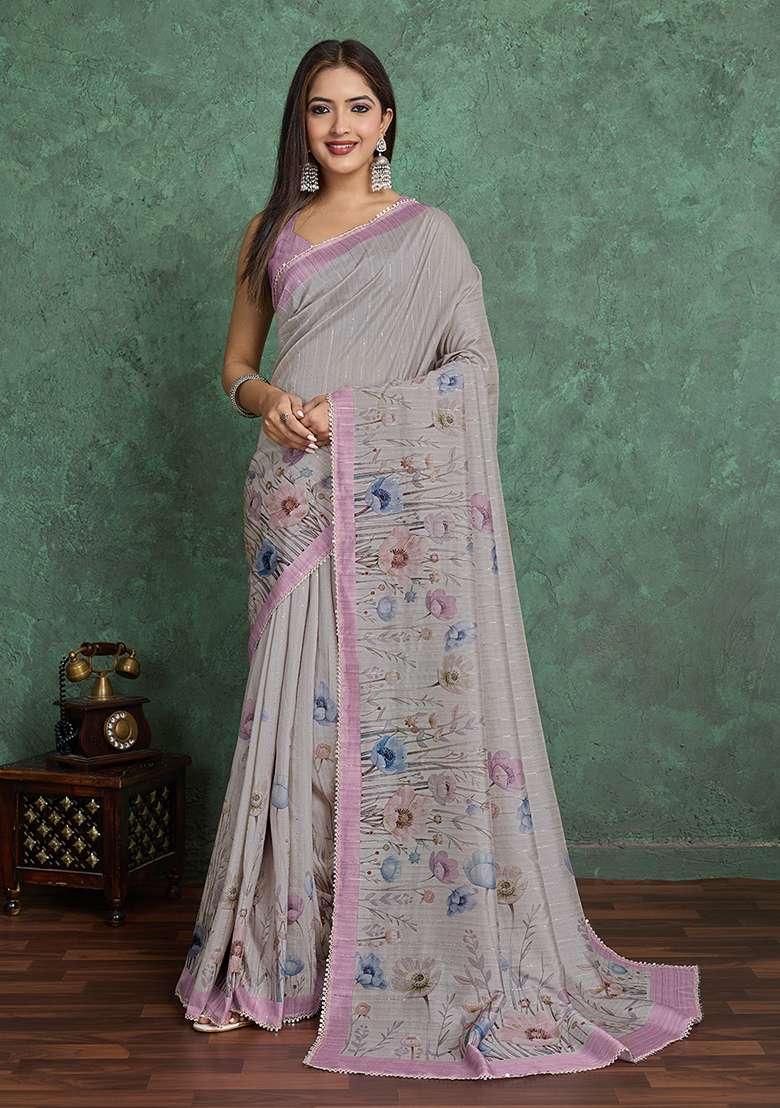 Pink Printed Blend Saree Set for Diwali and Festive Wear - Indya