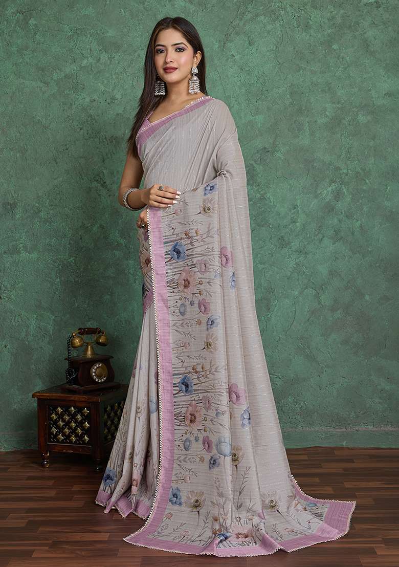 Pink Printed Blend Saree Set for Diwali and Festive Wear - Indya