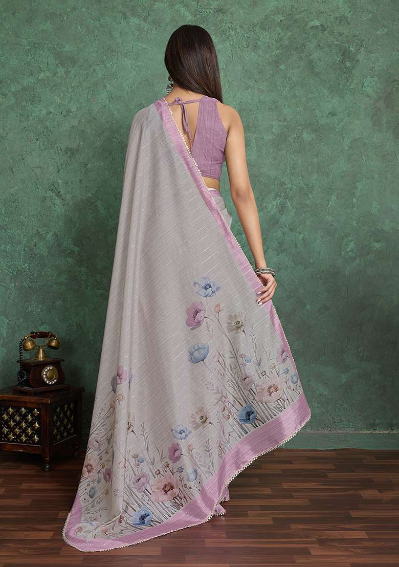Pink Printed Blend Saree Set for Diwali and Festive Wear - Indya