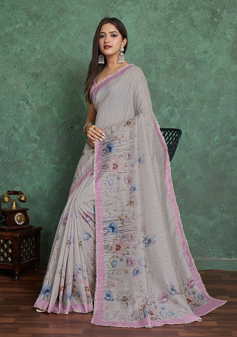 Pink Printed Blend Saree Set for Diwali and Festive Wear - Indya