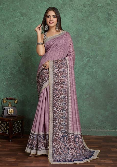 Peach Printed Blend Saree Set