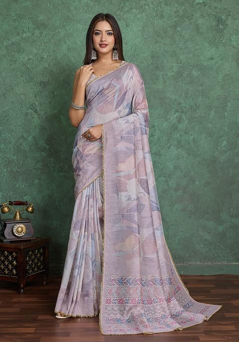 Pink Printed Blend Saree Set