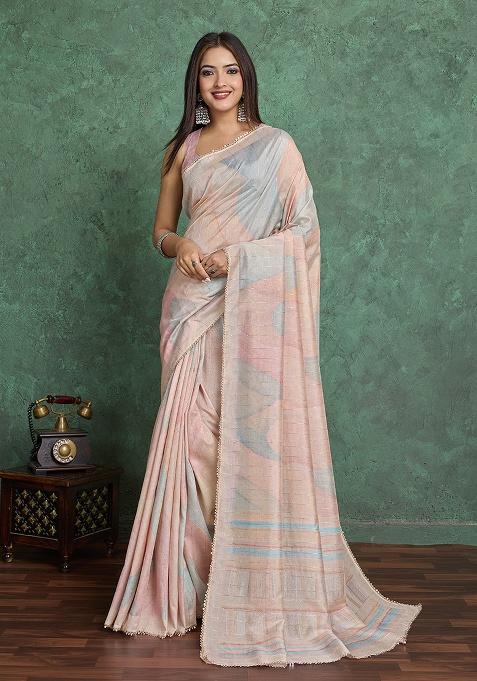 Peach Printed Blend Saree Set