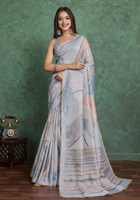 Grey Printed Blend Saree Set
