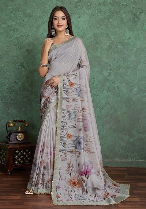 Grey Printed Blend Saree Set