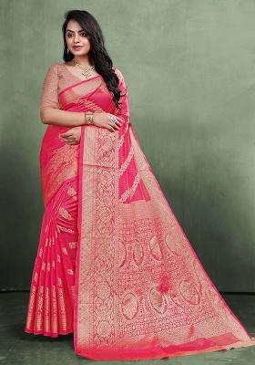 Pink Zari Work Organza Silk Blend Saree Set
