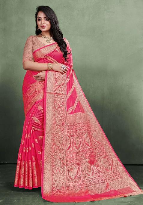 Pink Zari Work Organza Silk Saree Set