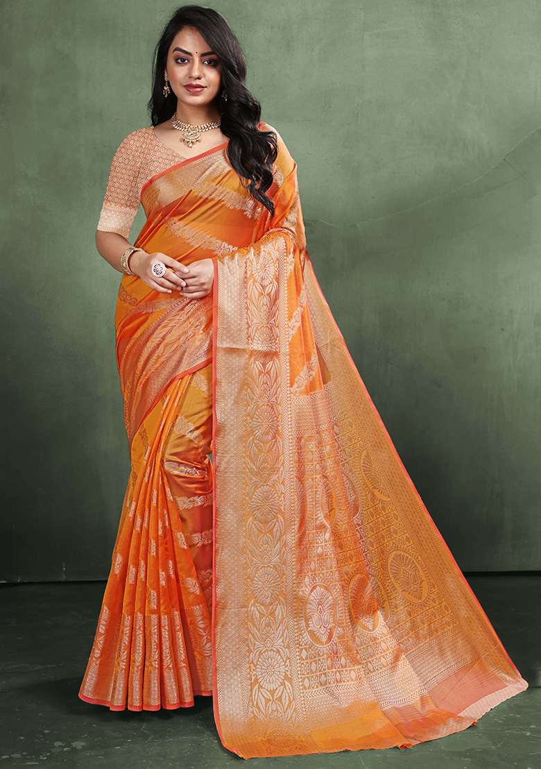 Gold Zari Work Organza Silk Blend Saree Set - Indya