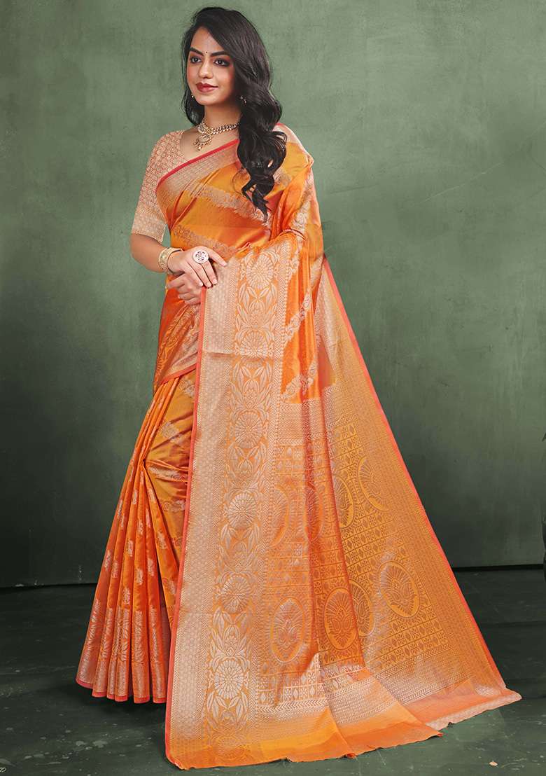 Gold Zari Work Organza Silk Blend Saree Set - Indya