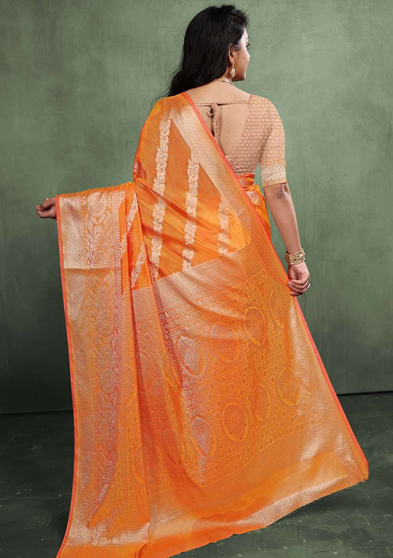 Gold Zari Work Organza Silk Blend Saree Set - Indya