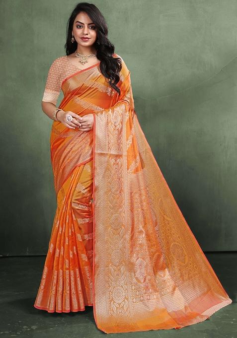 Gold Zari Work Organza Silk Saree Set