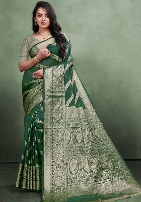 Green Zari Work Organza Silk Saree Set