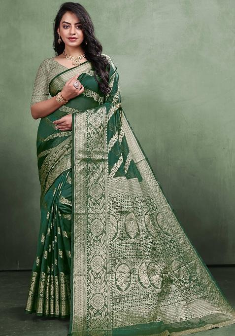 Green Zari Work Organza Silk Saree Set