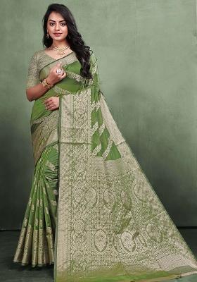 Green Zari Work Organza Silk Saree Set