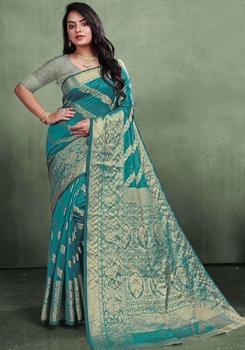 Blue Zari Work Organza Silk Saree Set