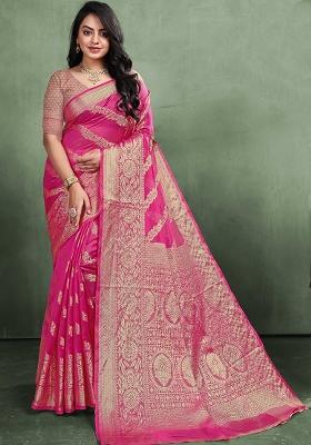 Pink Zari Work Organza Silk Blend Saree Set