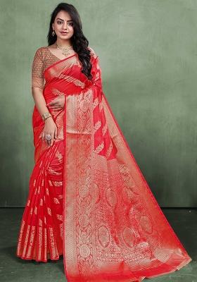 Red Zari Work Organza Silk Saree Set