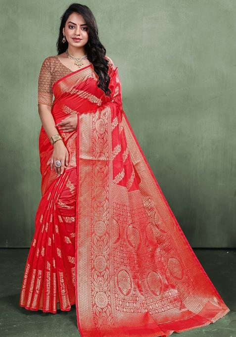 Red Zari Work Organza Silk Saree Set