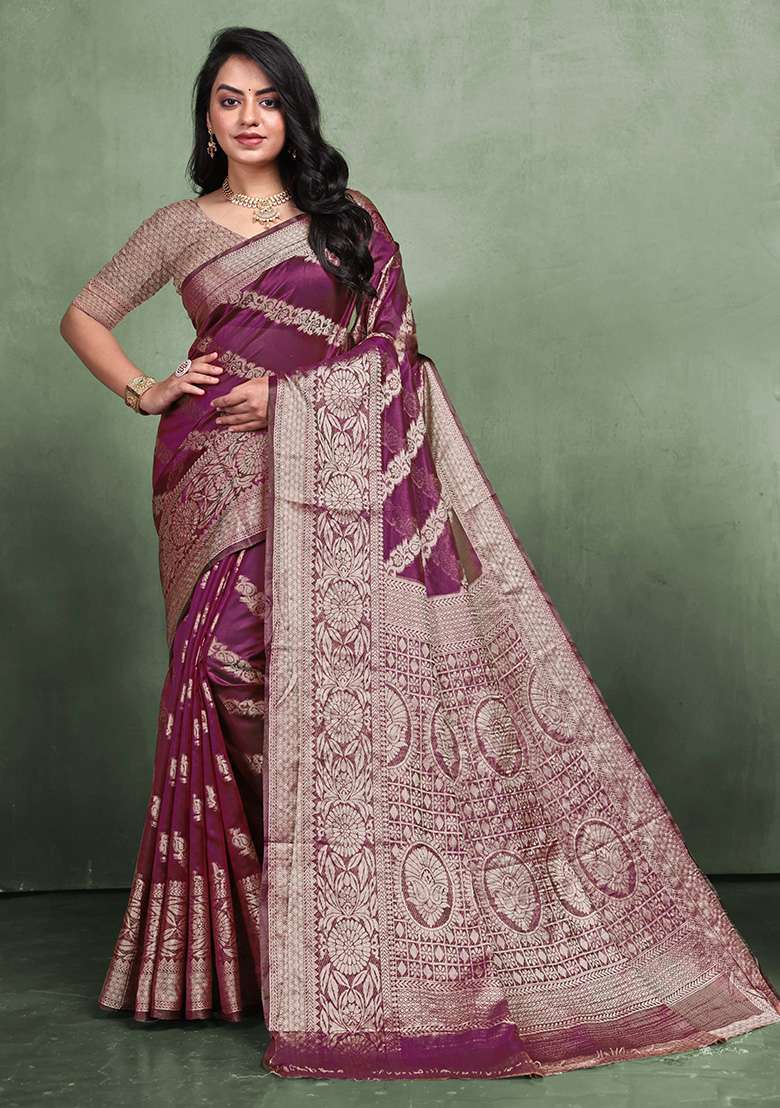 Wine Zari Work Organza Silk Blend Saree Set - Indya