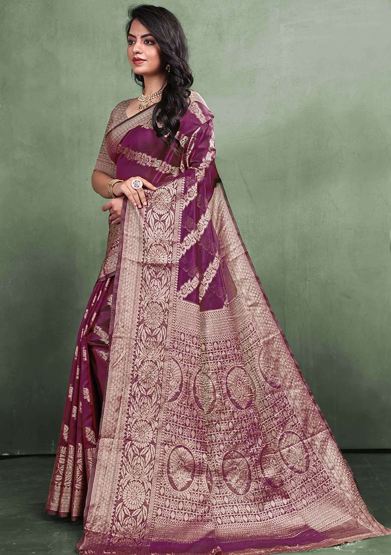 Wine Zari Work Organza Silk Blend Saree Set - Indya