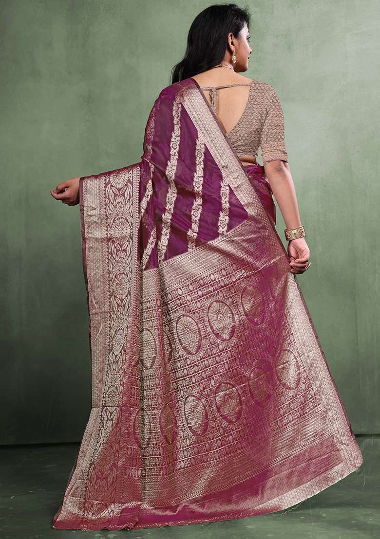 Wine Zari Work Organza Silk Blend Saree Set - Indya