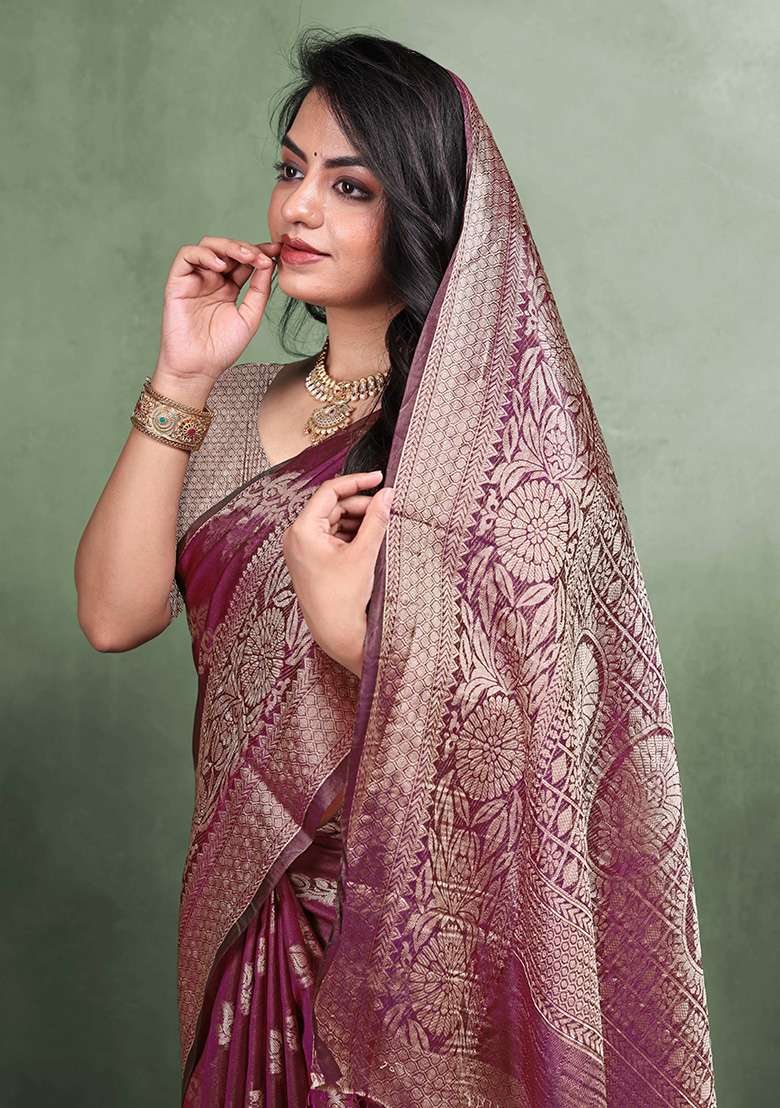 Wine Zari Work Organza Silk Blend Saree Set - Indya