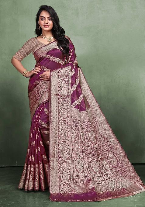 Wine Zari Work Organza Silk Saree Set