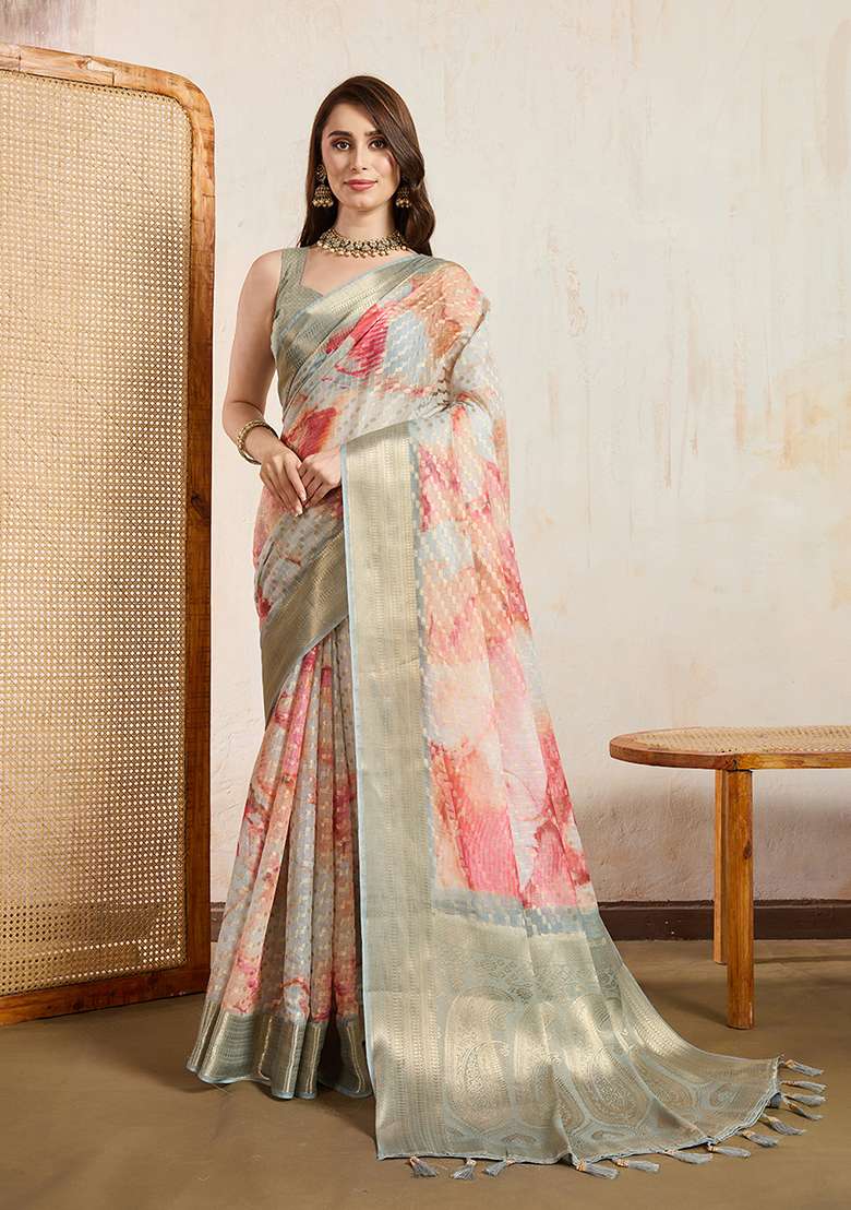 Beige Printed Viscose Saree Set for Diwali and Festive Wear - Indya