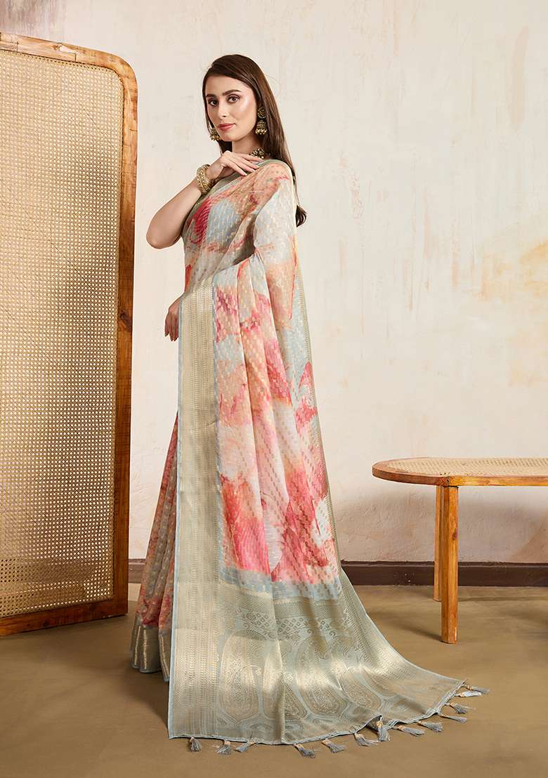 Beige Printed Viscose Saree Set for Diwali and Festive Wear - Indya