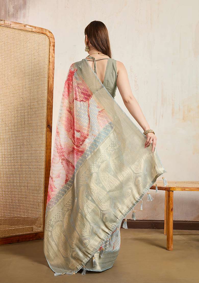 Beige Printed Viscose Saree Set for Diwali and Festive Wear - Indya