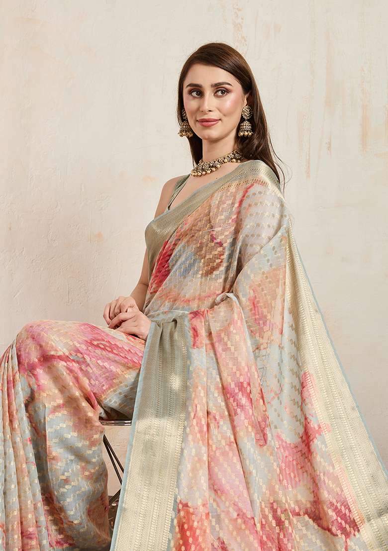 Beige Printed Viscose Saree Set for Diwali and Festive Wear - Indya